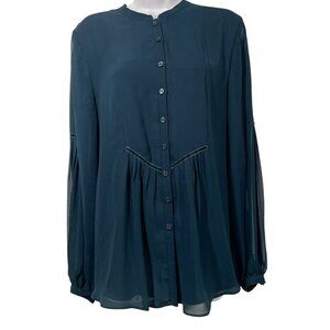 Coldwater Creek Button Up Blouse Sz L Teal Semi Sheer Pleated Velvet Accents